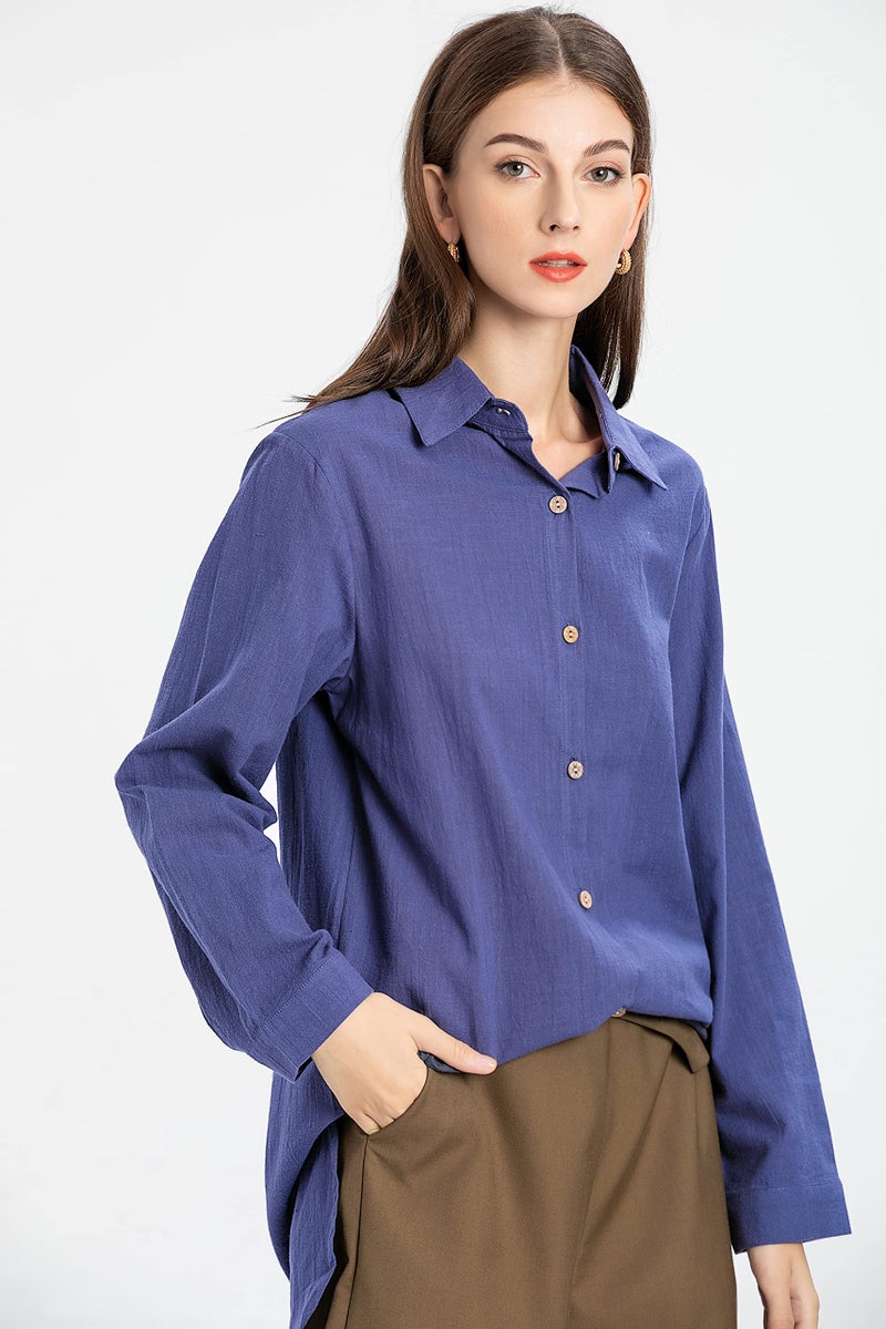 Minibee Women's Cotton Shirts Tunics Hi Low Tops Boyfriend Button Down Blouse Navy XL - Image 2